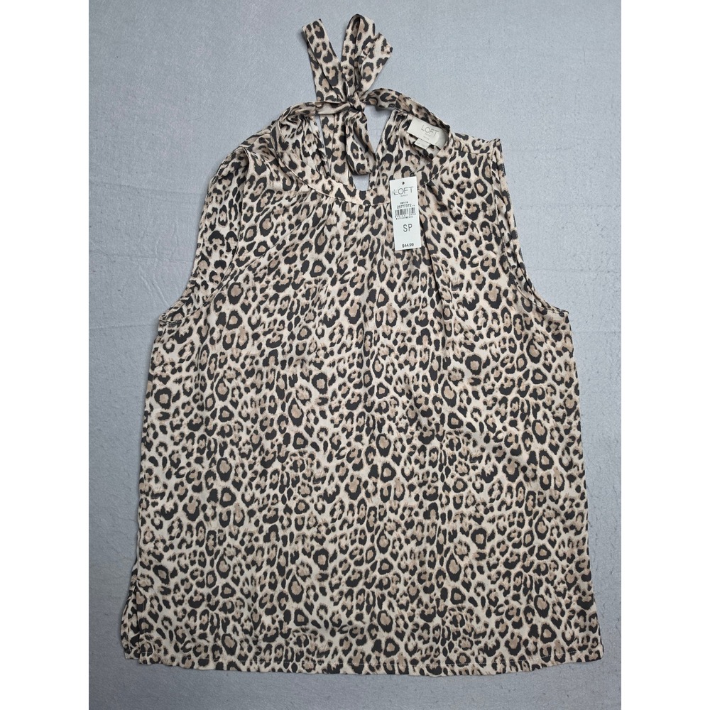 LOFT Outlet Blouse Top Women's Small Petite Beige Leopard Print Keyhole Back NWT